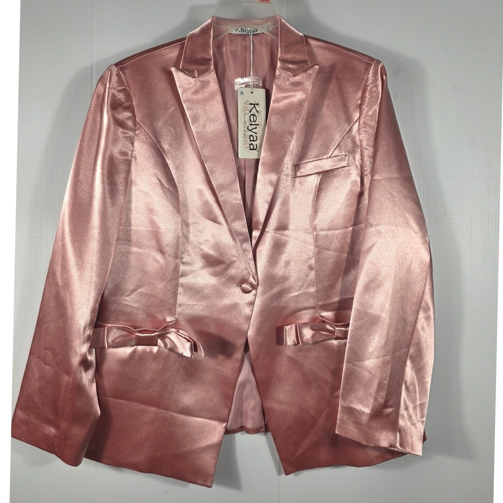 Kelyaa Rose Gold Pink Satin Blazer Single Button Notched Tailored Jacket  2XL